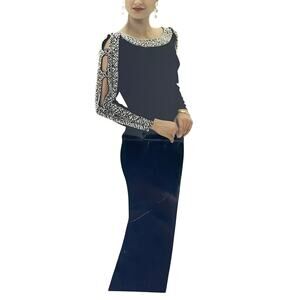 SHO MAX Originals Long Silk Black Dress Silver Beading Gown